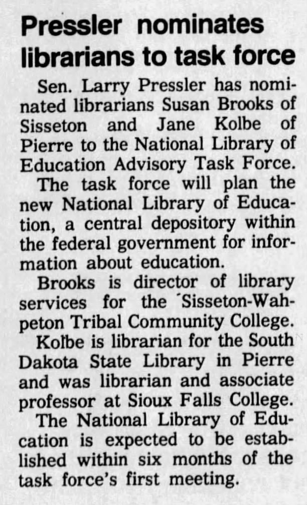 Pressler nominates librarians to task force