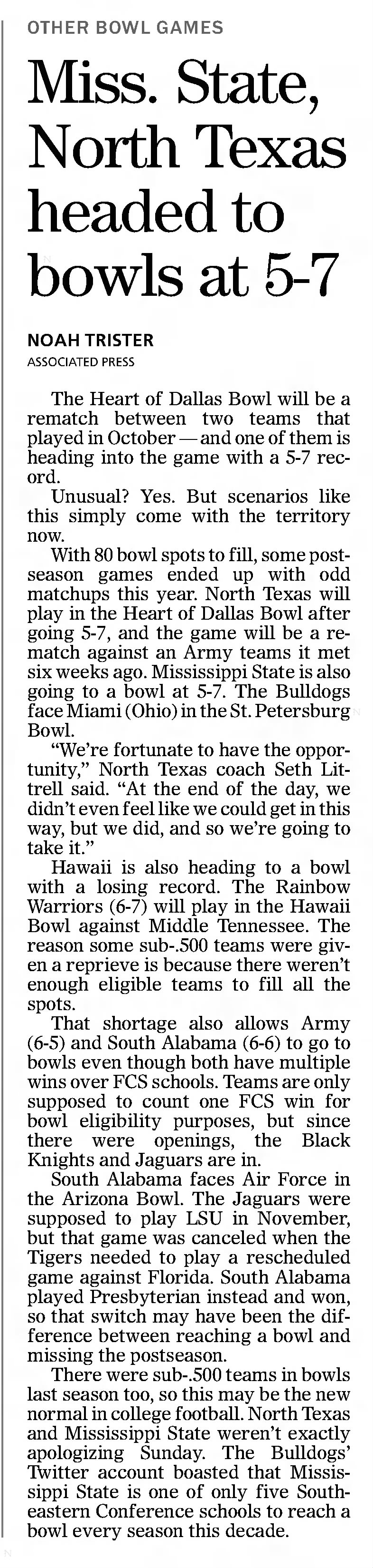 Miss. State, North Texas headed to bowls at 5-7