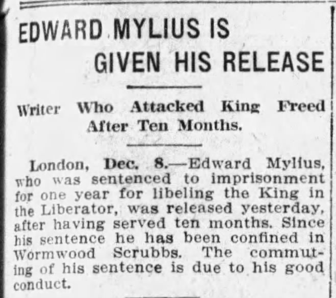 Edward Mylius is Given His Release