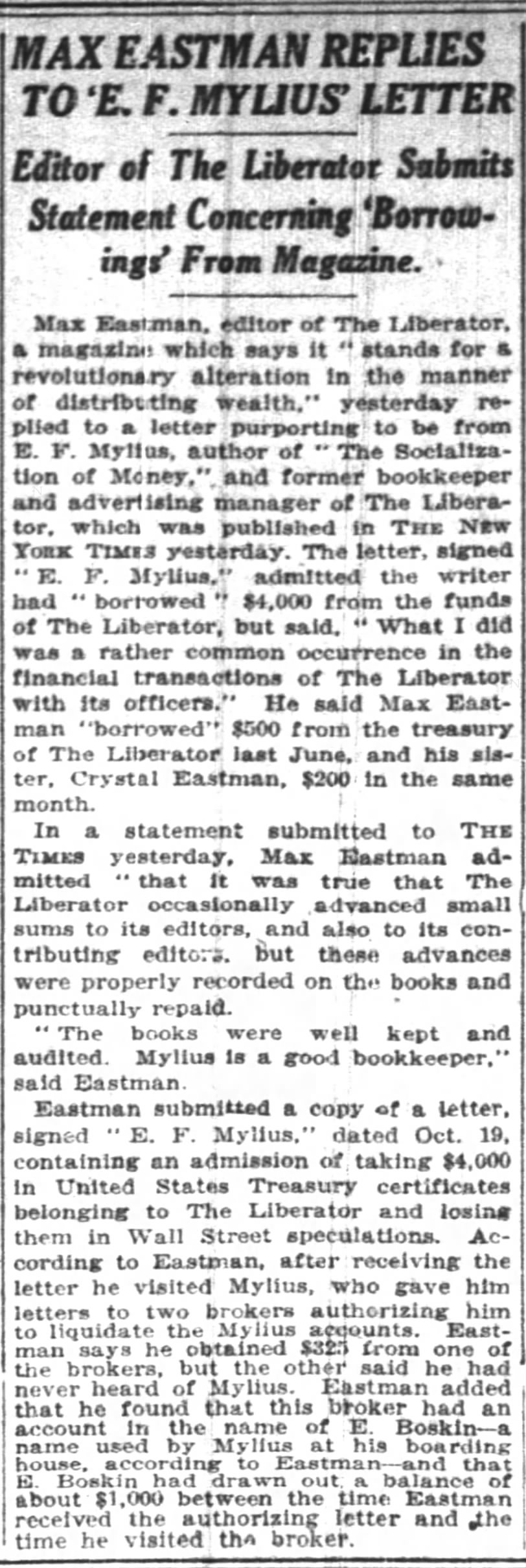 Max Eastman Replies to 'E. F. Mylius' Letter