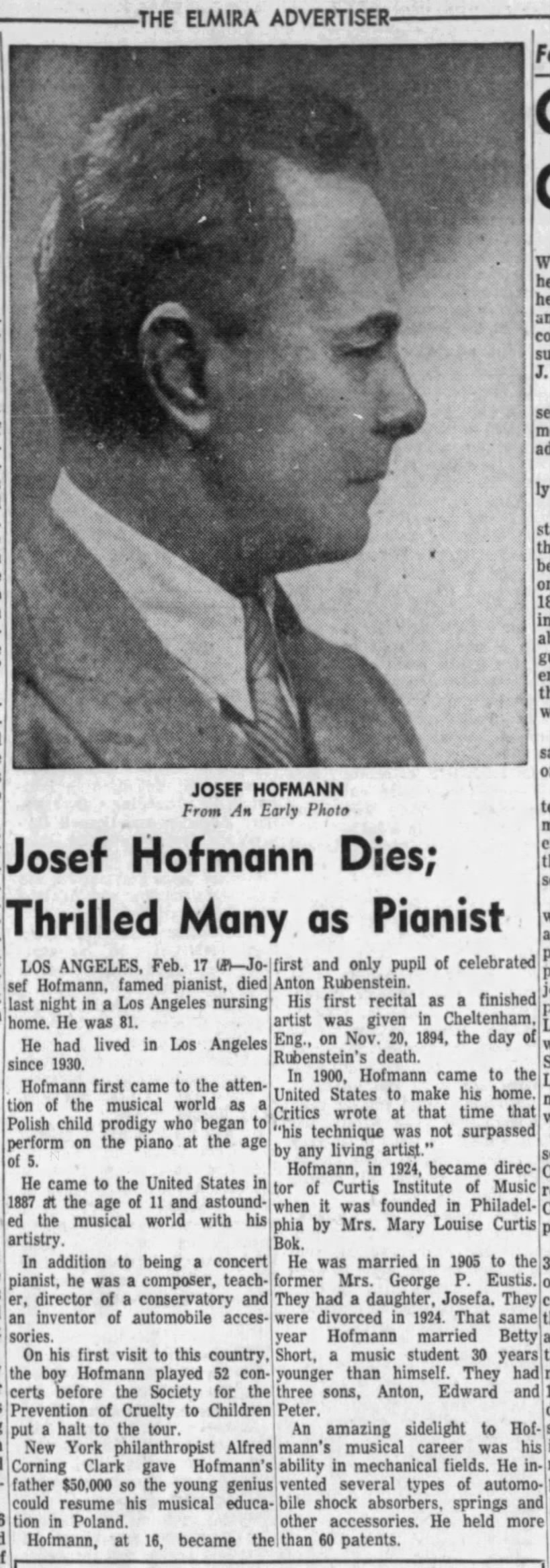Josef Hoffman Dies; Thrilled Many as Pianist