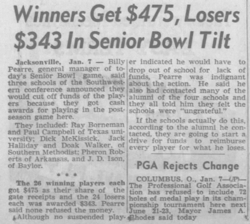 Winners Get $475, Losers $343 In Senior Bowl Tilt
