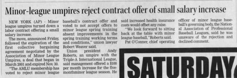 Minor-league umpires reject contract offer of small salary increase