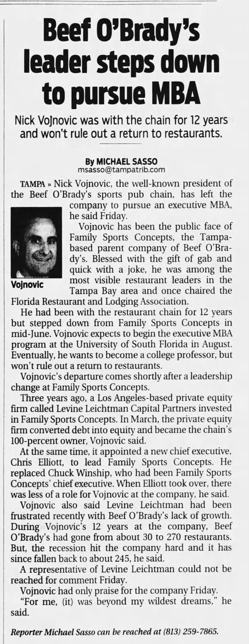 Beef O'Brady's leader steps down to pursue MBA