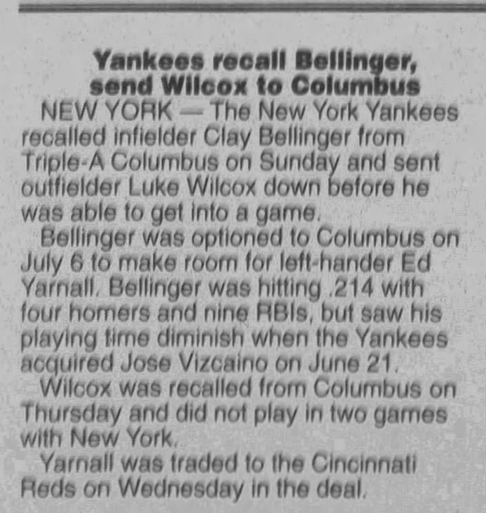 Yankees recall Bellinger, send Wilcox to Columbus