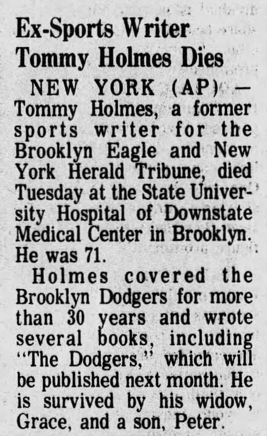 Ex-Sports Writer Tommy Holmes Dies