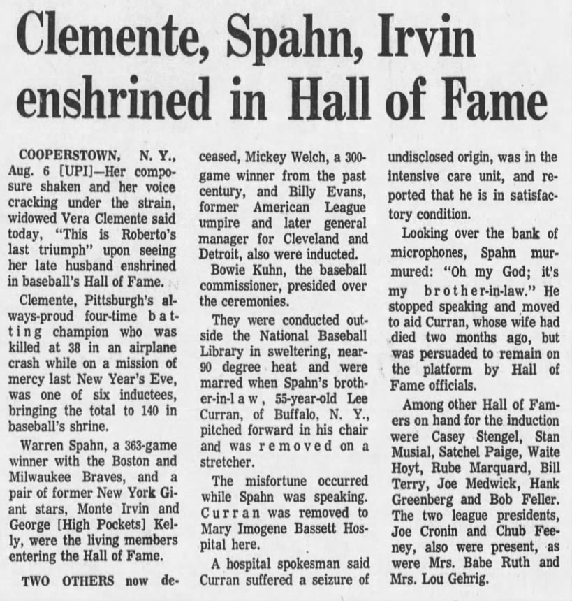 Clemente, Spahn, Irvin enshrined in Hall of Fame