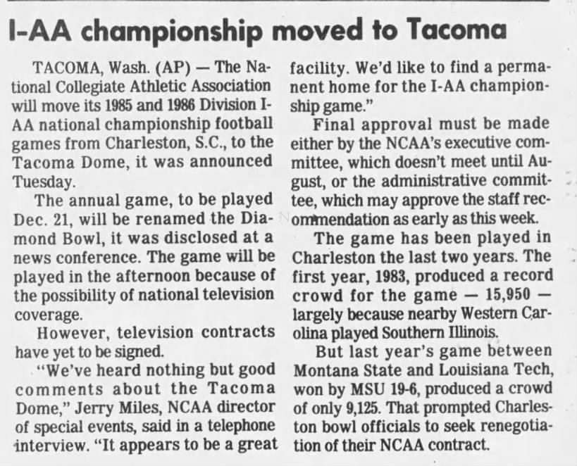 I-AA championship moved to Tacoma