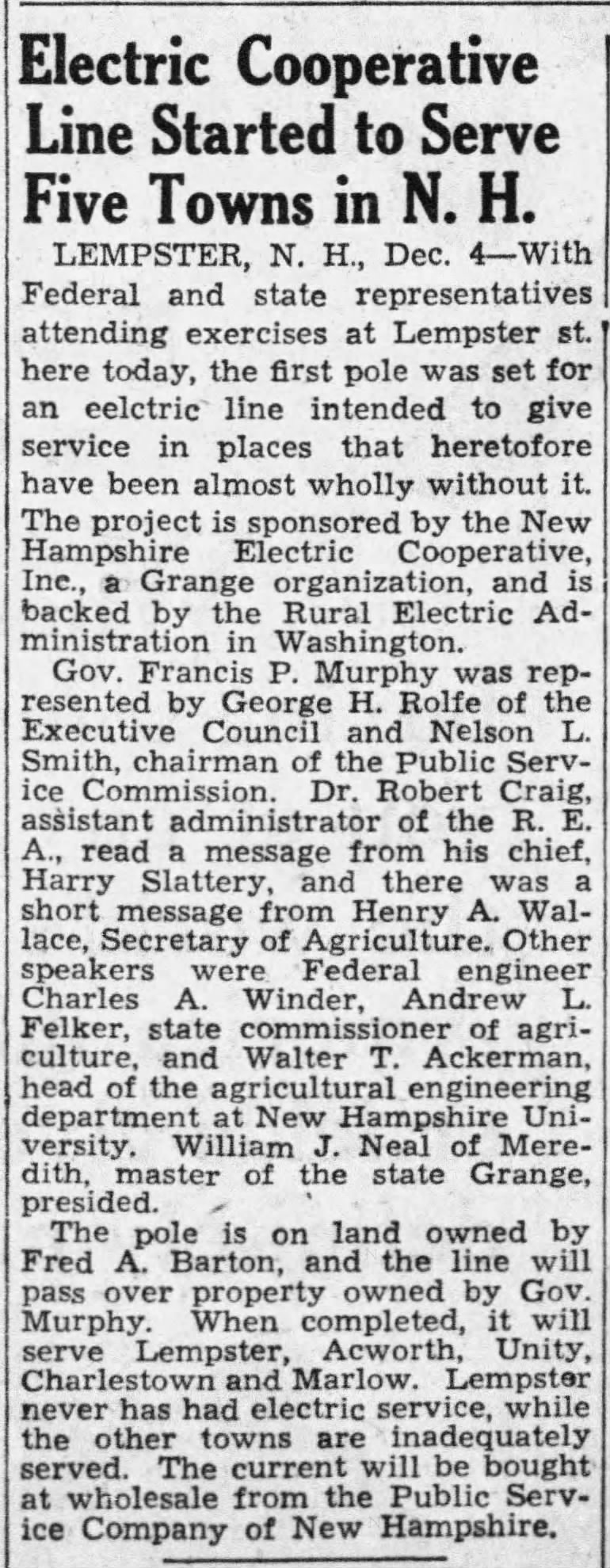 Electric Cooperative Line Started to Serve Five Towns in N. H.