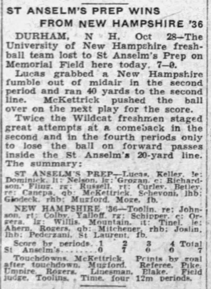 St Anselm's Prep Wins From New Hampshire '36
