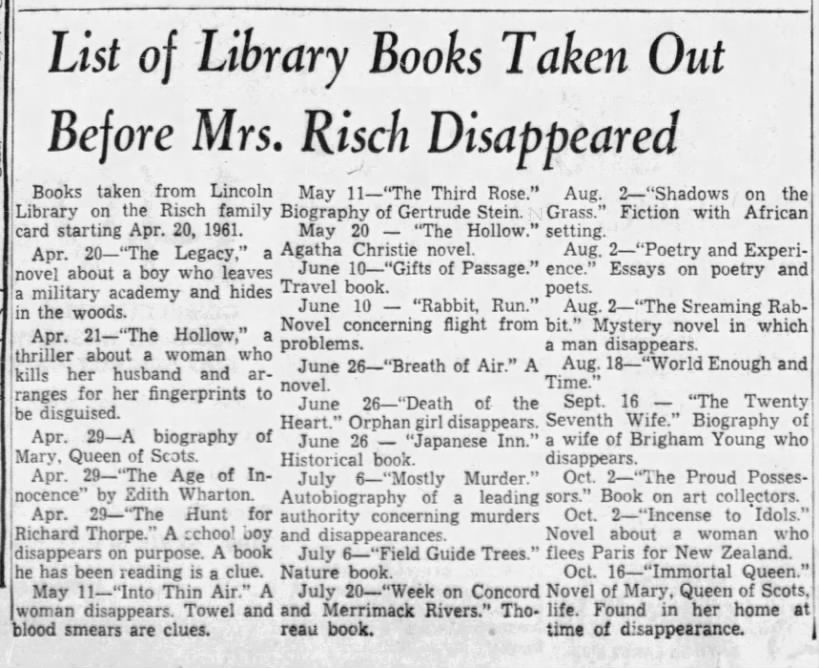 List of Library Books Taken Out Before Mrs. Risch Disappeared