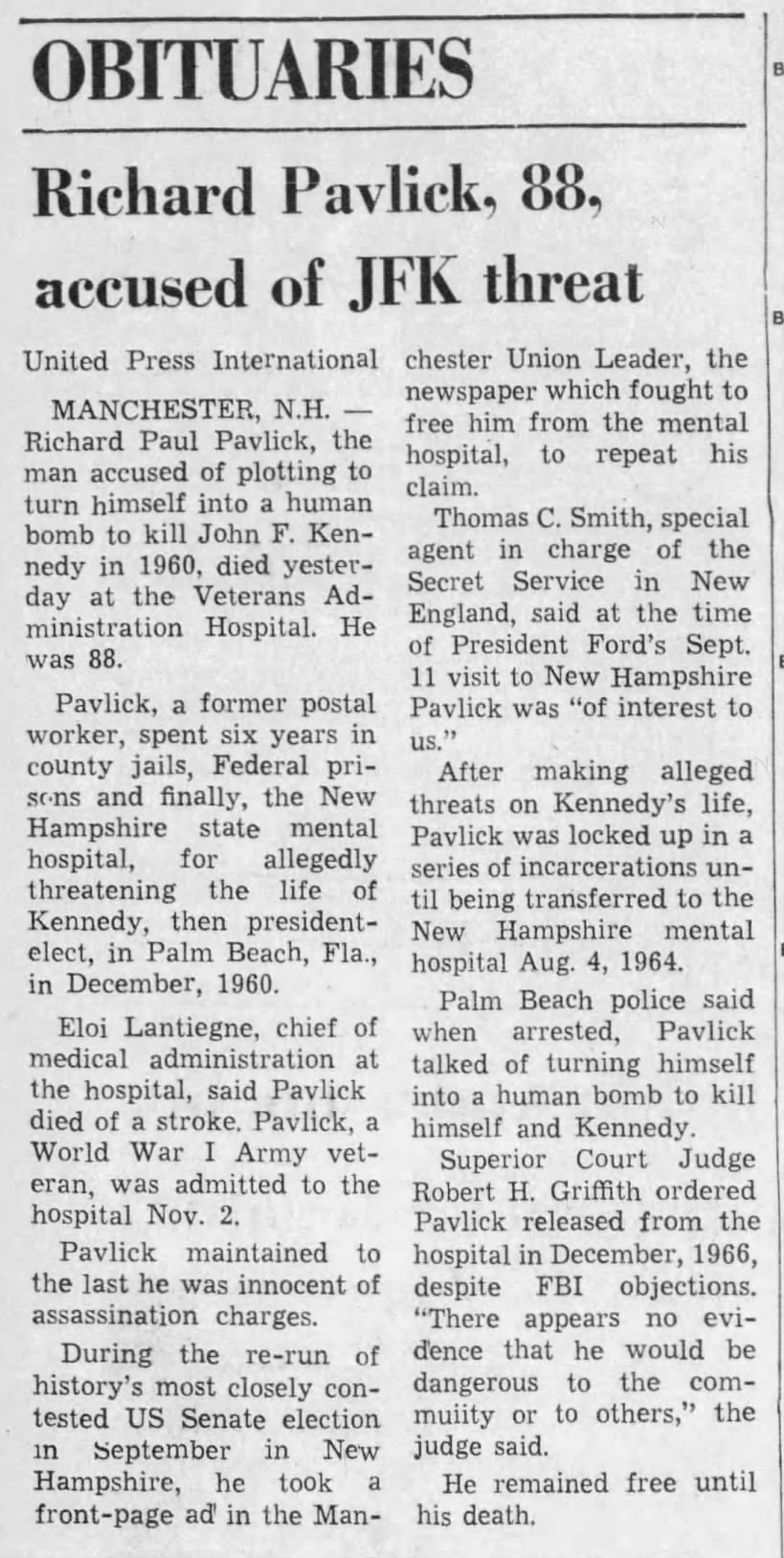 Richard Pavlick, 88, accused of JFK threat