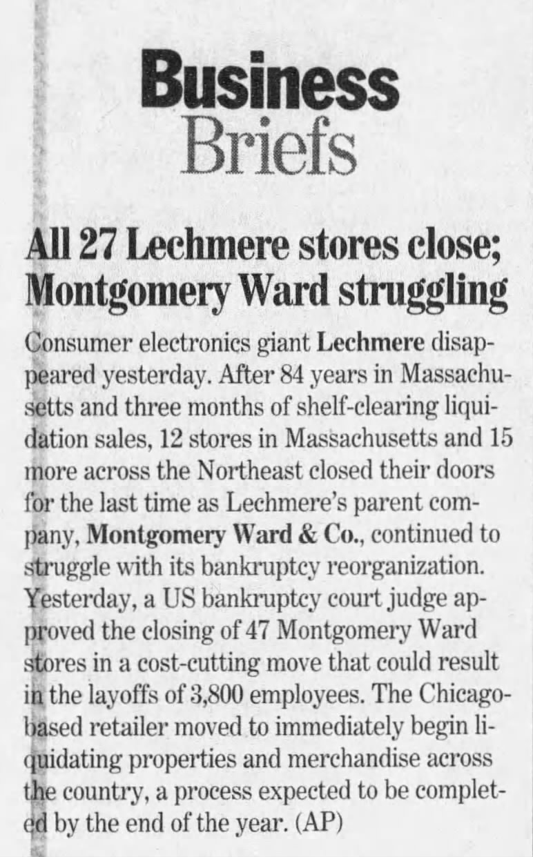 All 27 Lechmere stores close; Montgomery Ward Struggling