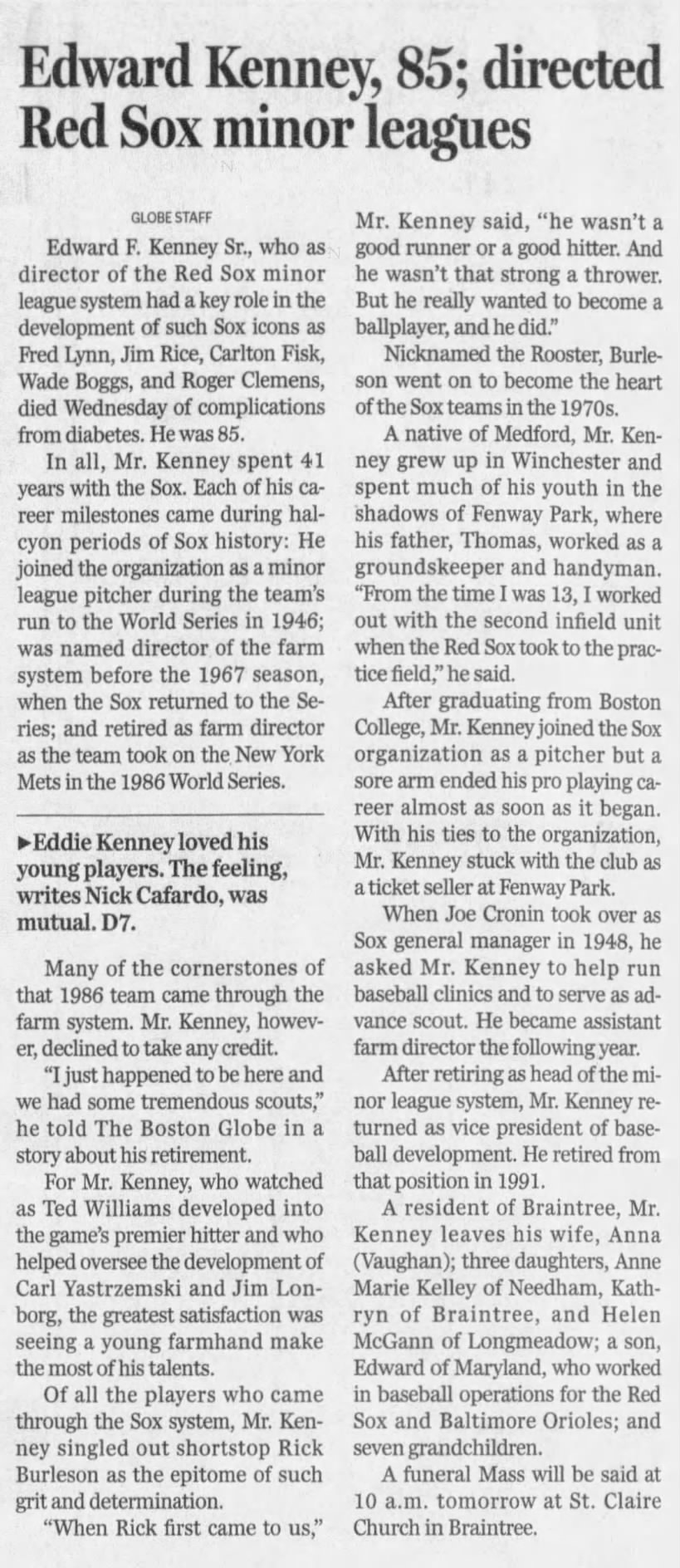 Edward Kenney, 85; directed Red Sox minor leagues