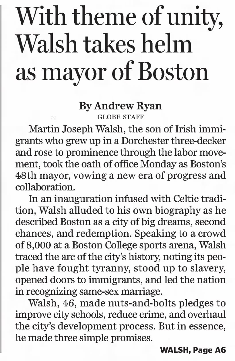 With theme of unity, Walsh takes helm as mayor of Boston