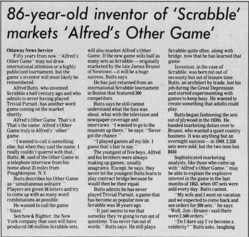 86-year-old inventor of 'Scrabble' markets 'Alfred's Other Game'