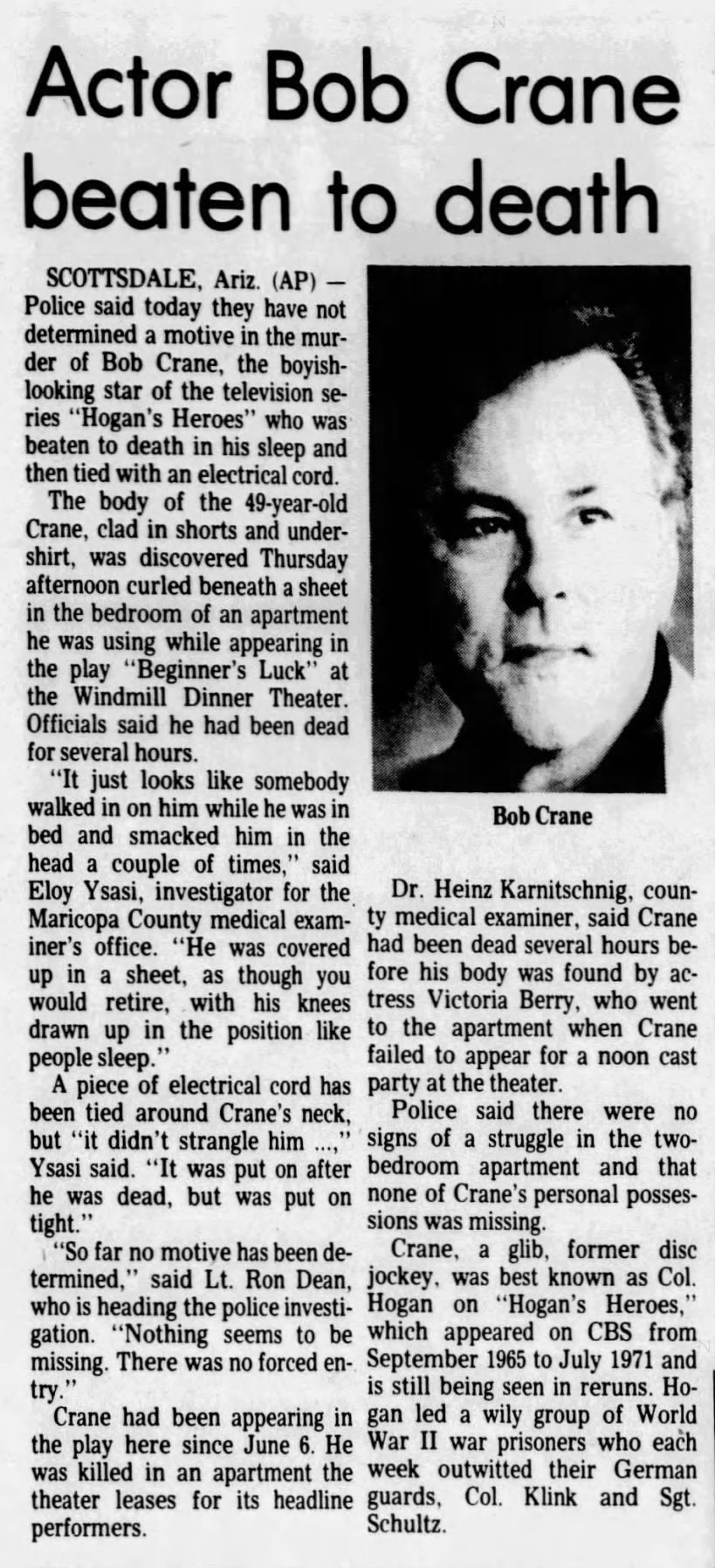 Actor Bob Crane beaten to death