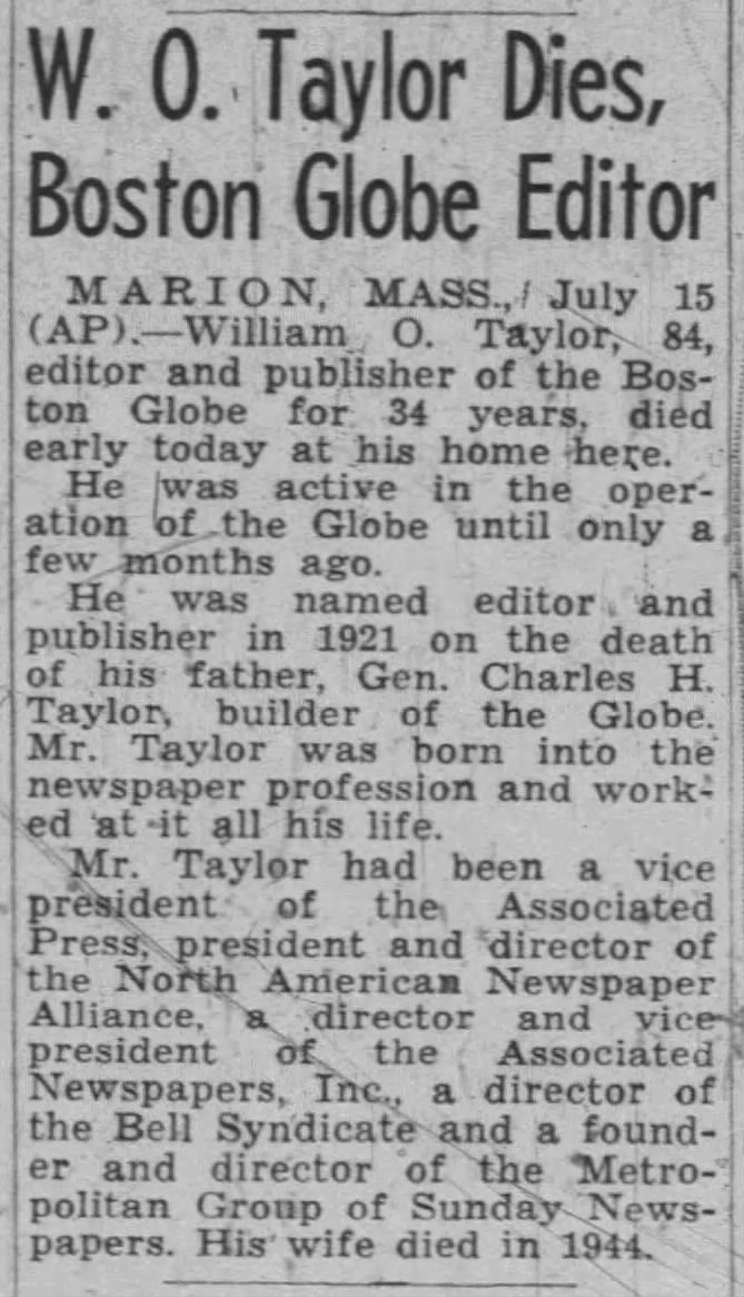 W. O. Taylor Dies, Boston Globe Editor