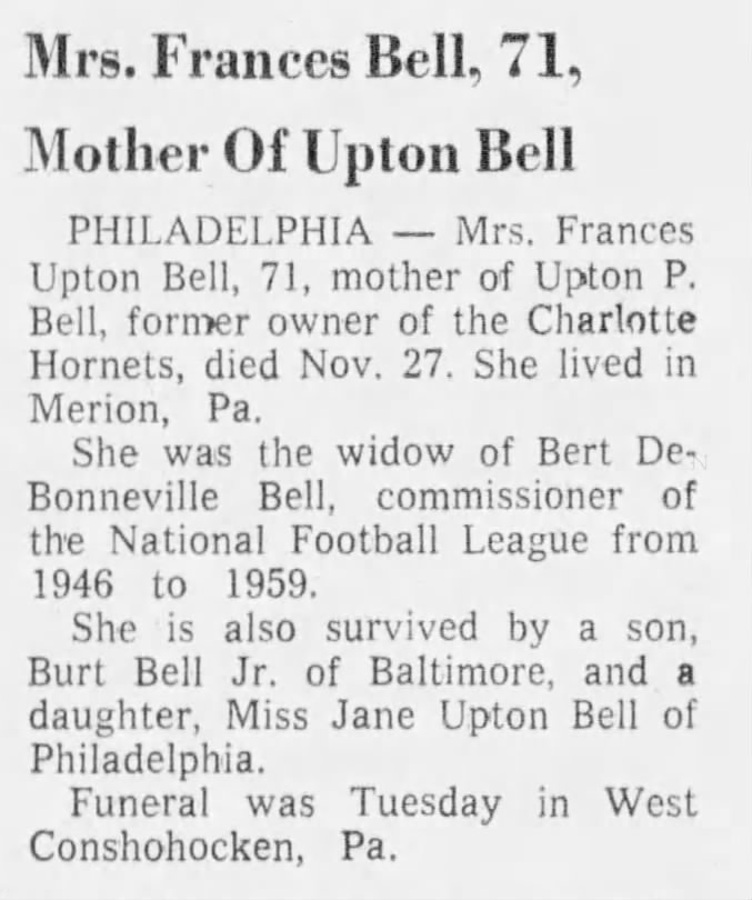 Mrs. Frances Bell, 71, Mother Of  Upton Bell