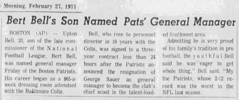 Bert Bell's Son Named Pats' General Manager