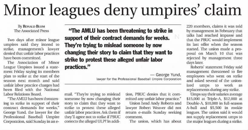Minor leagues deny umpires' claim