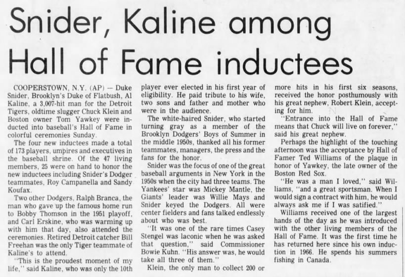 Snider, Kaline among Hall of Fame inductees