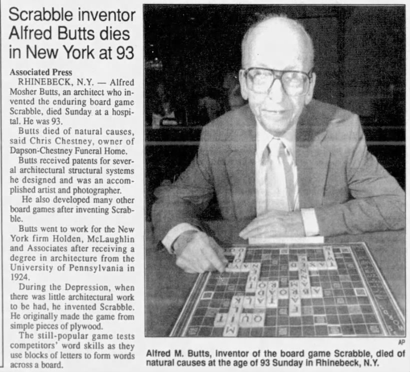 Scrabble inventor Alfred Butts dies in New York at 93
