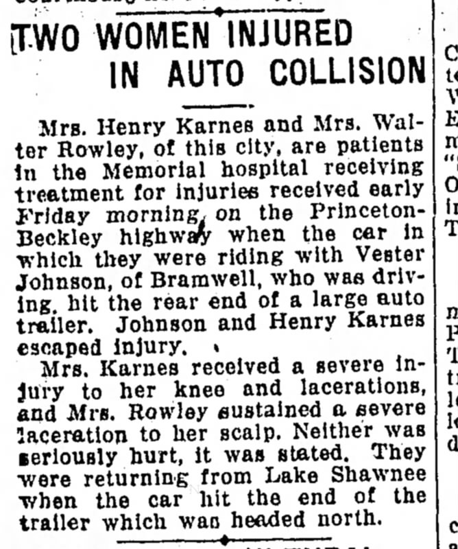 Bluefield Daily Telegraph June 1 1935 Car Accident Henry Karnes and Cora Karnes
