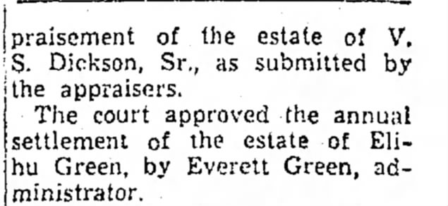 Elihu Green Annual Estate Settlement, Beckley Post Herald; Beckley WVa, August 21, 1950 pg 2