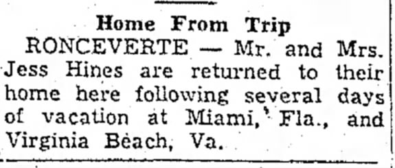 Barbara and Jess Hines vacation to Miami and Virginia Bch, April 3, 1951 Beckley Post Herald