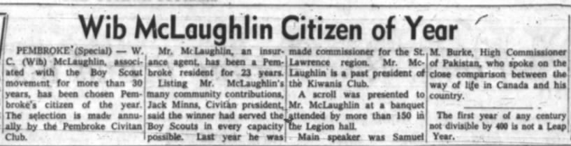 McLaughlin, Wib citizen of year Ottawa Journal Dec 7 1960 p35