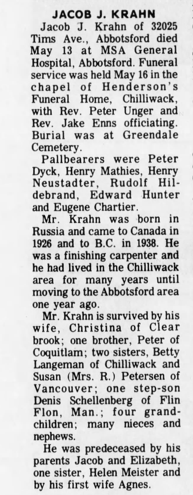 Krahn, Jacob obit Chilliwack Progress May 21 1980 p9