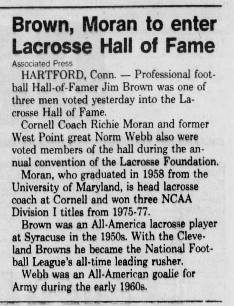 Brown, Moran to enter Lacrosse Hall of Fame