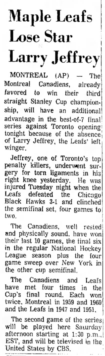 Maple Leafs Lose Star Larry Jeffrey