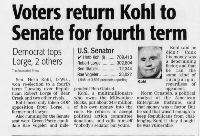 Voters return Kohl to Senate for fourth term