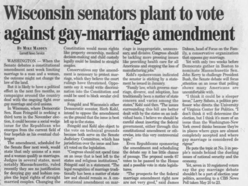 Wisconsin senators plant to vote against gay-marriage amendment