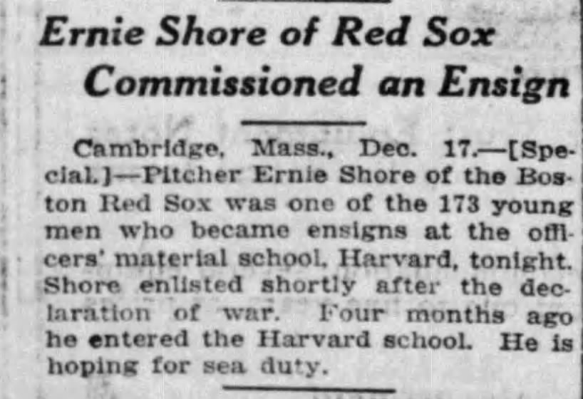 Ernie Shore of Red Sox Commissioned an Ensign