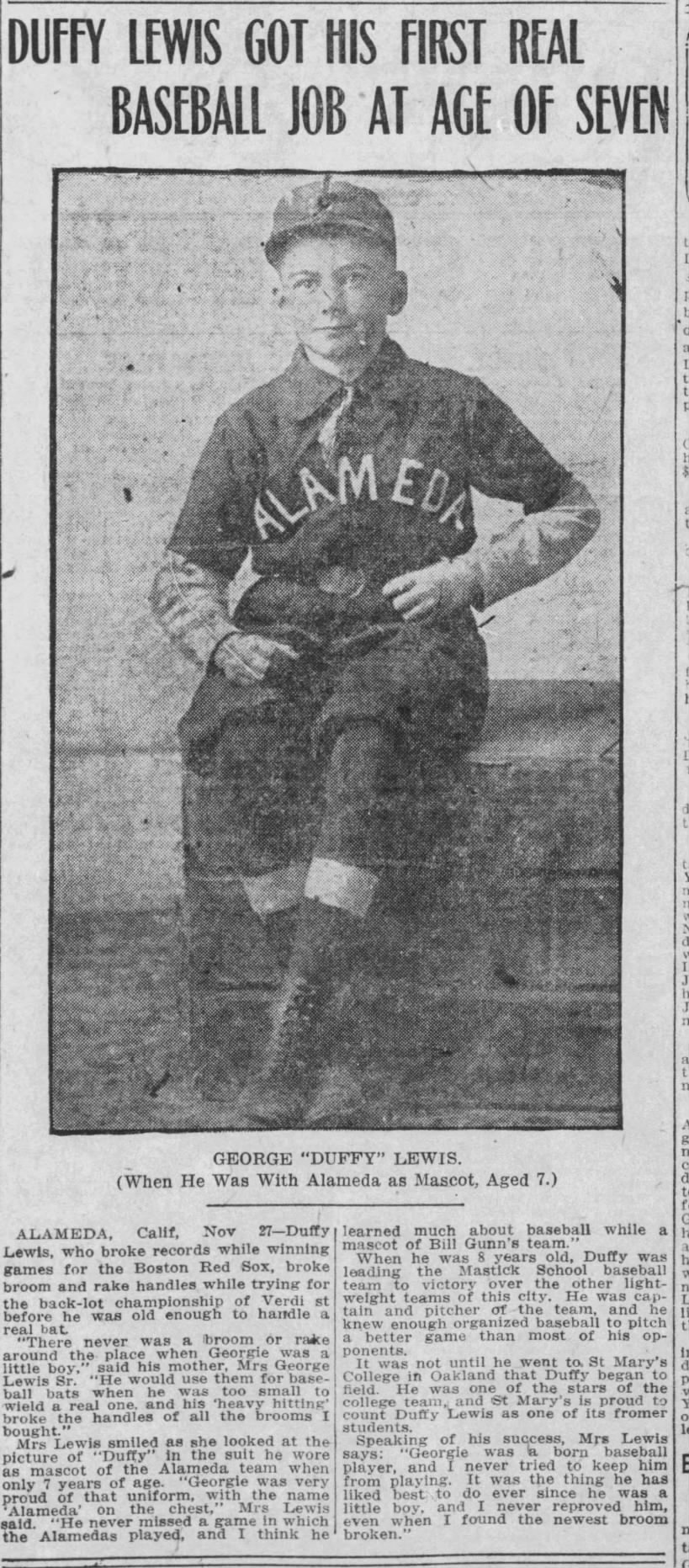 Duffy Lewis Got His First Real Baseball Job At Age Of Seven