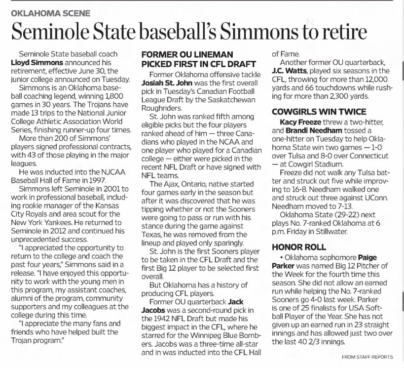 Seminole State baseball's Simmons to retire