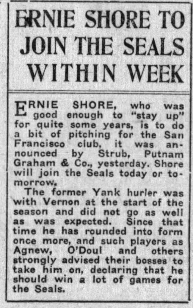 Ernie Shore To Join The Seals Within Week