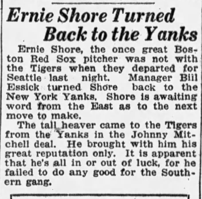 Ernie Shore Turned Back to the Yanks