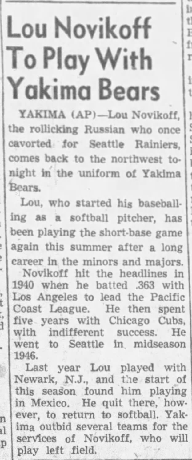 Lou Novikoff To Play With Yakima Bears