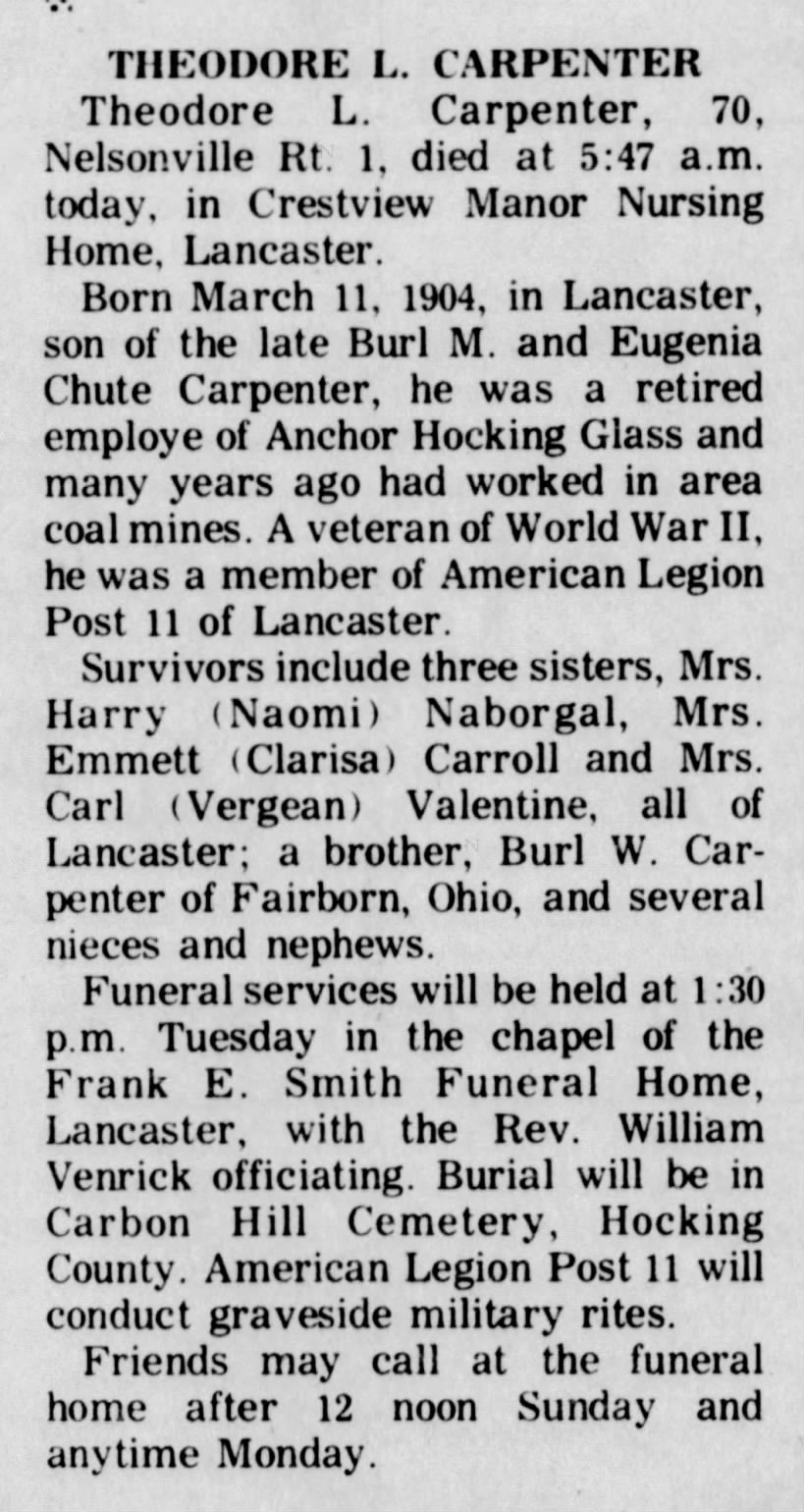 Obituary for Theodore L Carpenter - The Logan Daily News (Logan, Ohio) - Dec 7, 1974