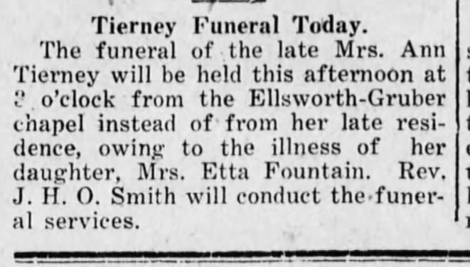 Lucy Anna Brooks Tierney Funeral - The Sun, Kansas, March 3, 1920