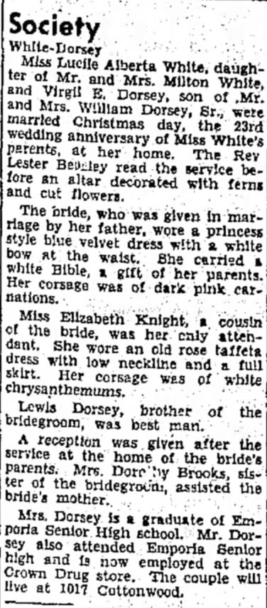 31 Dec 1947 Emporia Gazette Wedding Announcement Virgil and Lucile