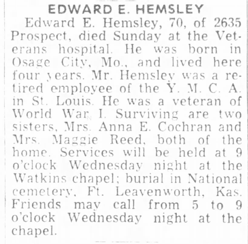 1965 Mar 30 Kansas City Sun Edward Hemsley Funeral Notice