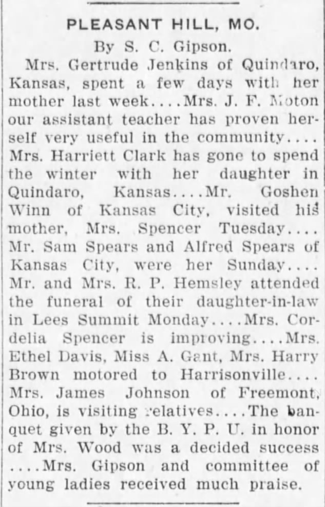 1917 Nov 10 Kansas City Sun Mr and Mrs R P Hemsley attended funeral of DIL