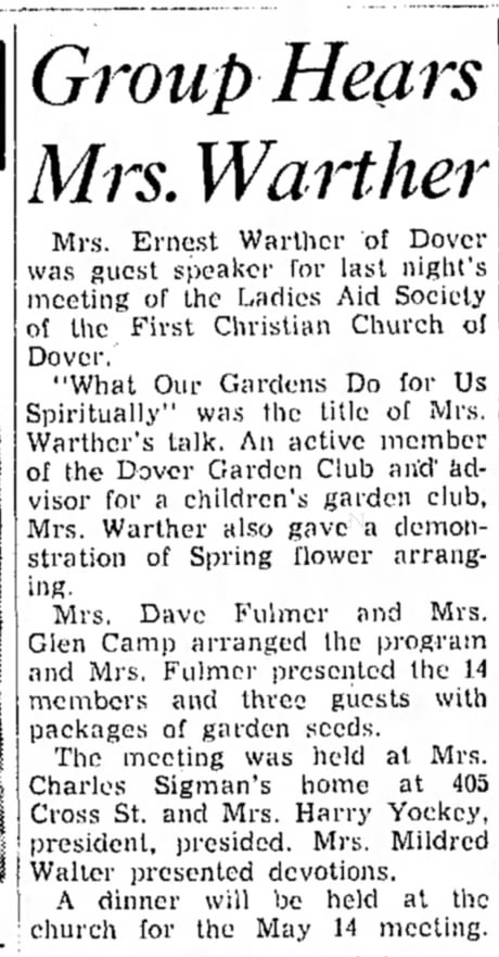 Ladies Aid Society First Christian Church of Dover Mrs. Warther, Harriet Camp 10 Apr 1959