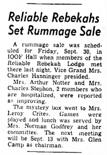 Reliable Rebekahs Rummage Sale 24 Aug 1960