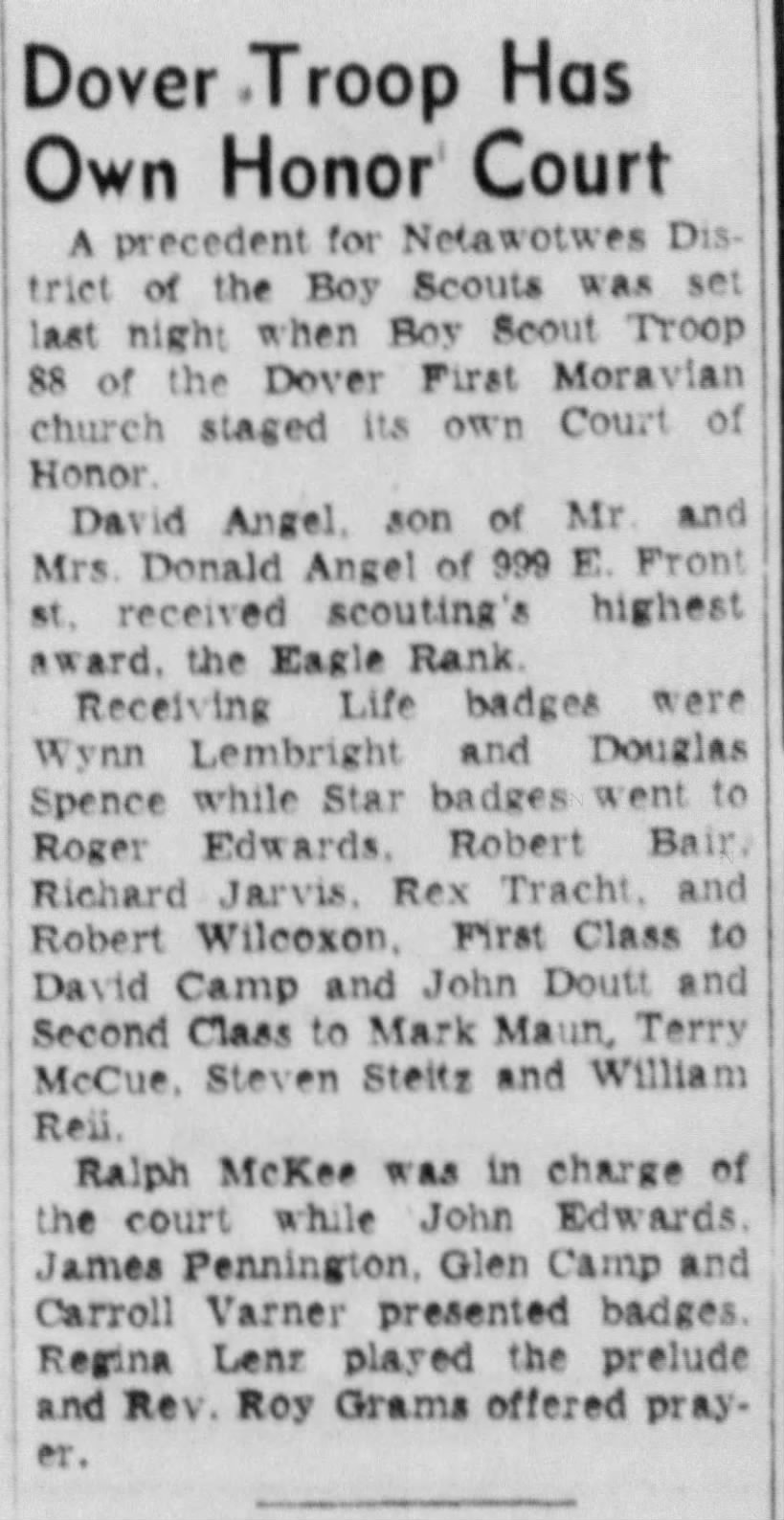 Netawotwes District of the Boy Scouts, Troop 88 Honor Court 17 Sep 1957